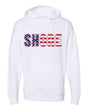 White hoodie with Shore red, white and blue logo